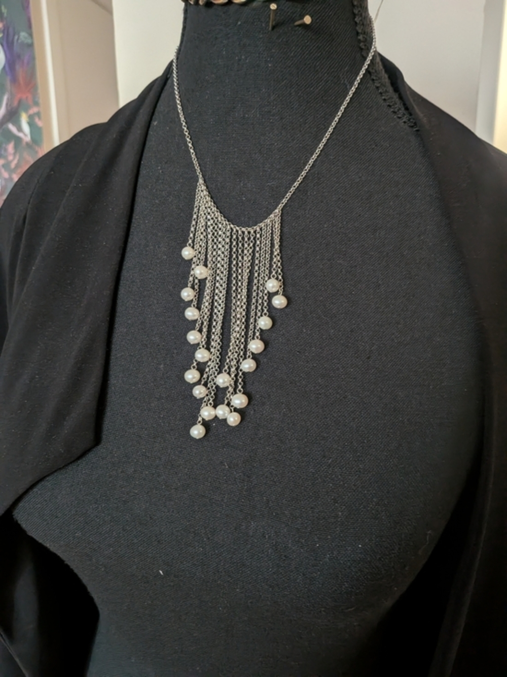sterling 925 silver fringe bib necklace  multiple chains draped with white Pearl